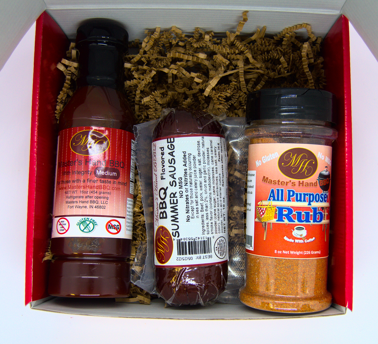 Red Gift Set (Med BBQ, BBQ Sausage, All Purpose Rub) - Mercantile Mountain