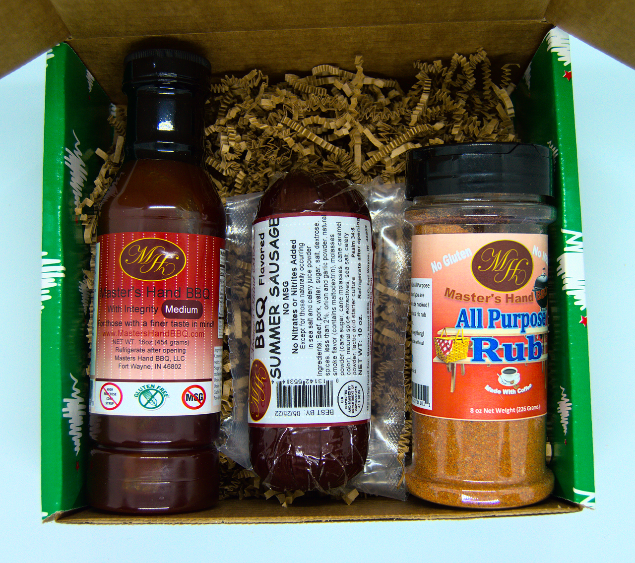 Green Gift Set (Med BBQ, BBQ Sausage, All Purpose Rub) - Mercantile Mountain