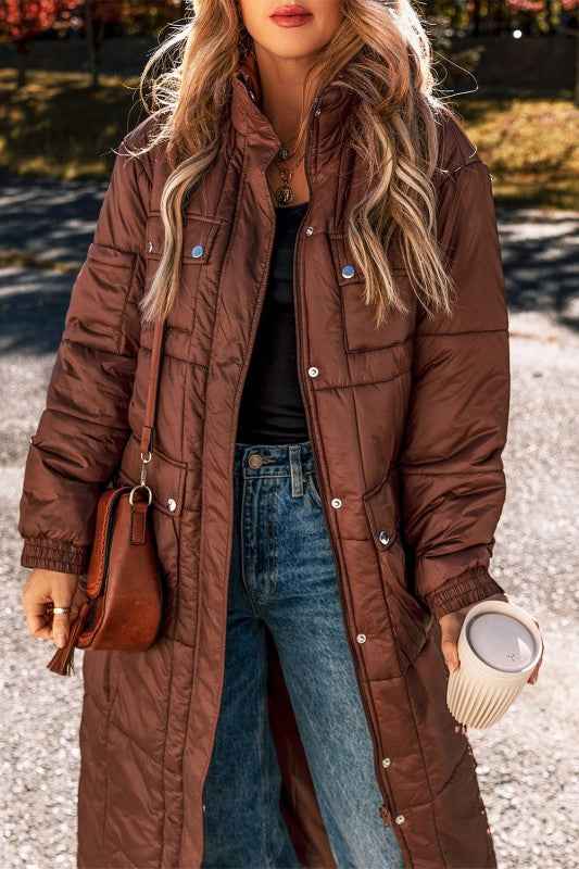 Solid Quilted Stand-Neck Zip-Up Buttoned  Puffer C