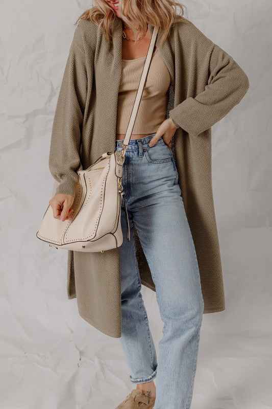 Solid Textured Knit Open-Front Sweater Cardigan