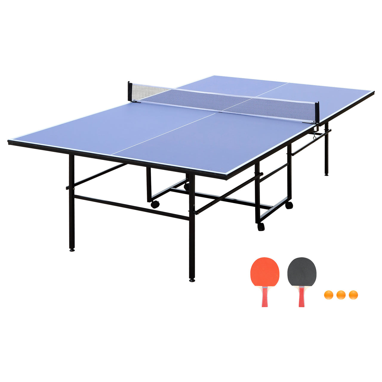 9ft Mid-Size Table Tennis Table Foldable & Portable Ping Pong Table Set for Indoor Games with Net, 2 Table Tennis Paddles and 3 Balls - Mercantile Mountain