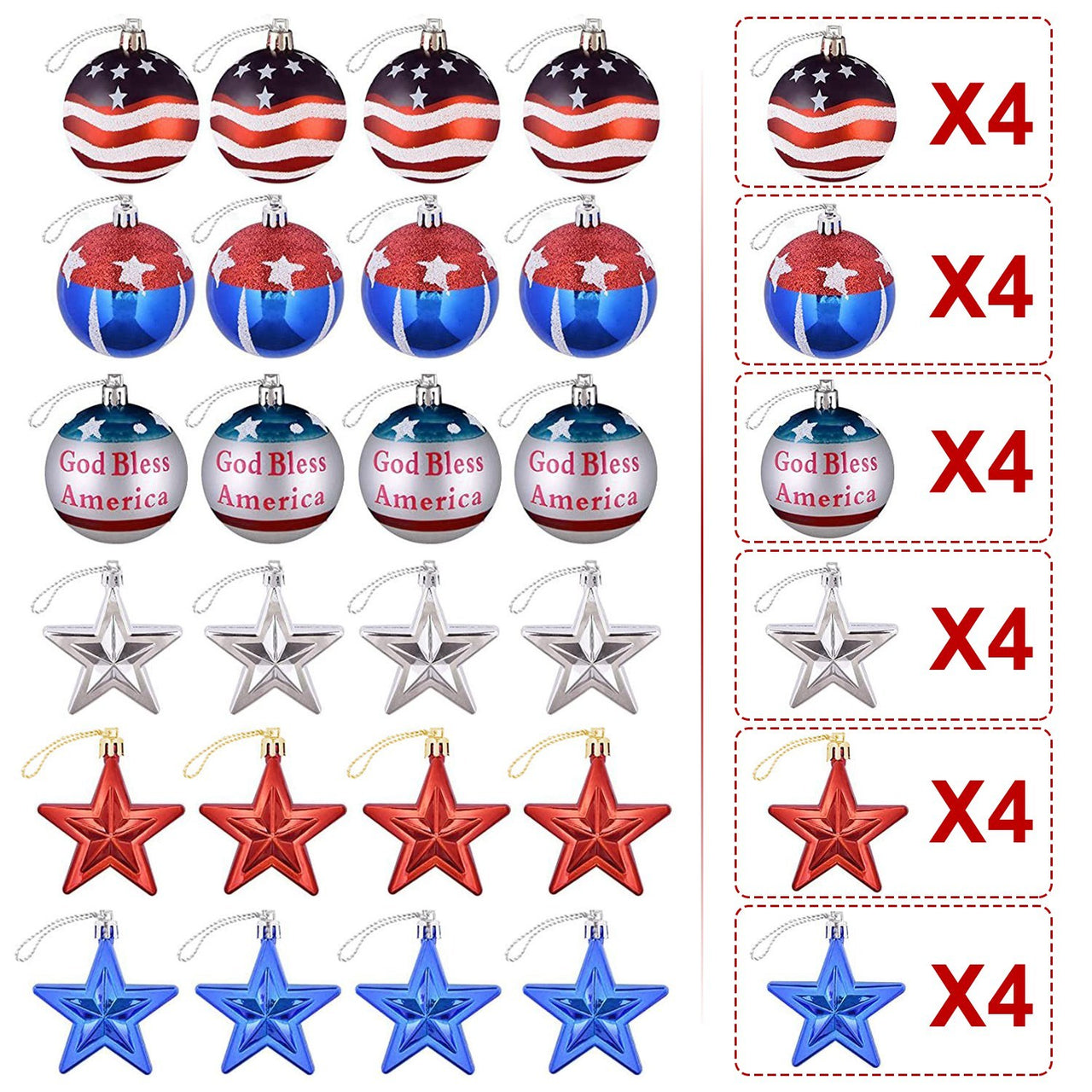 24Pcs Set Hanging Ornaments Ball Star Patriotic Festival Party Decor Independence Day 4th of July Christmas Tree Wall Indoor Outdoor Decoration - Mercantile Mountain