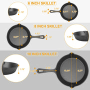 3Pcs Pre-Seasoned Cast Iron Skillet Set 6/8/10in Non-Stick Oven Safe Cookware Heat-Resistant Frying Pan - Mercantile Mountain