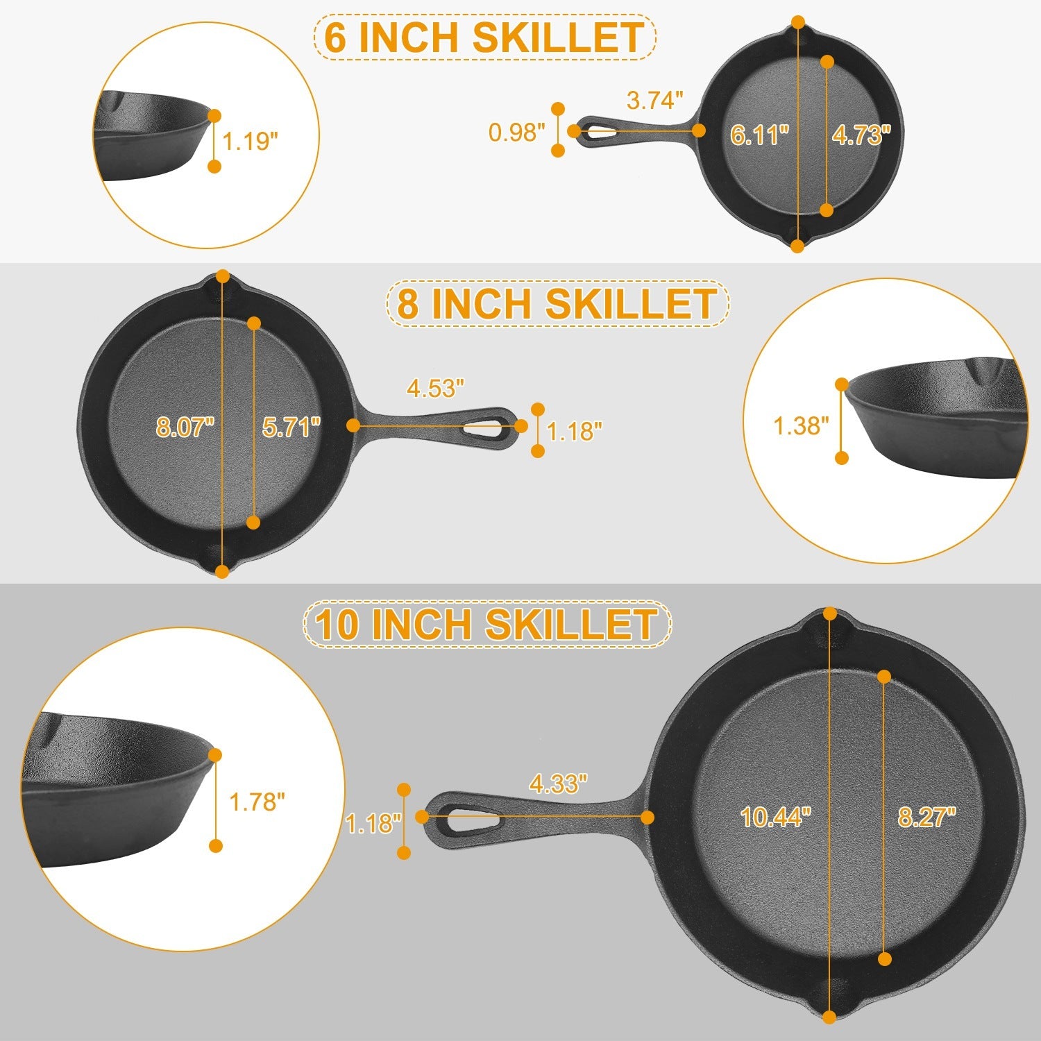 3Pcs Pre-Seasoned Cast Iron Skillet Set 6/8/10in Non-Stick Oven Safe Cookware Heat-Resistant Frying Pan - Mercantile Mountain