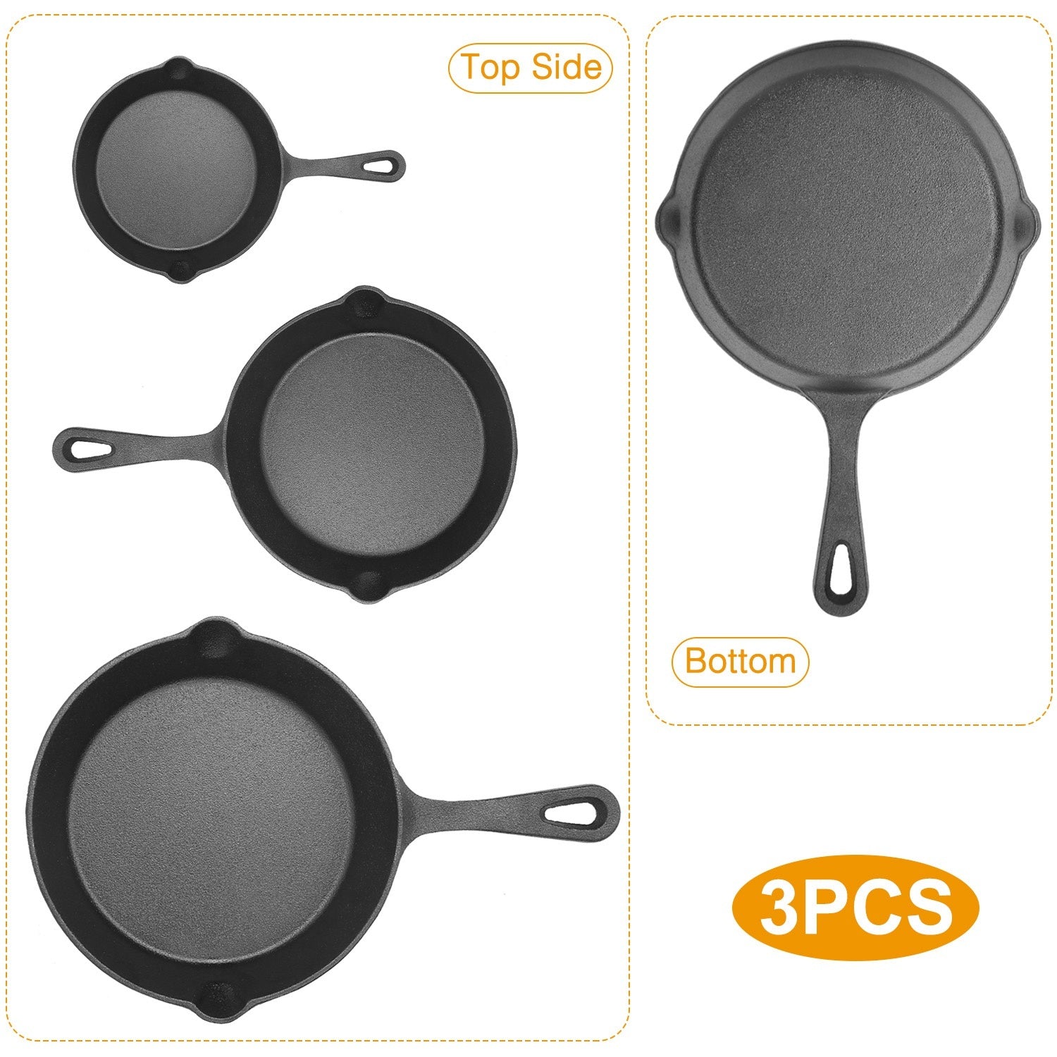 3Pcs Pre-Seasoned Cast Iron Skillet Set 6/8/10in Non-Stick Oven Safe Cookware Heat-Resistant Frying Pan - Mercantile Mountain