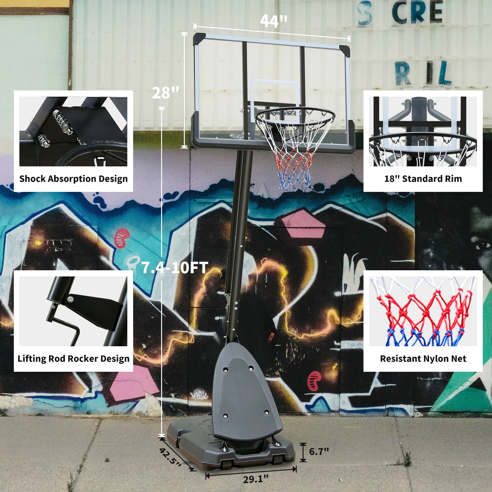 Outdoor Height Adjustable 7.5 to 10ft Basketball Hoop 44 Inch Backboard Portable Basketball Goal System with Stable Base and Wheels - Mercantile Mountain