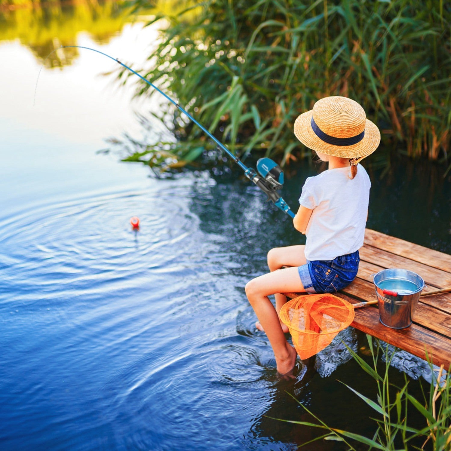 boy fishig with tackle box Kids Fishing Pole Set Fishing Starter Kit Telescopic Fishing Rod and R