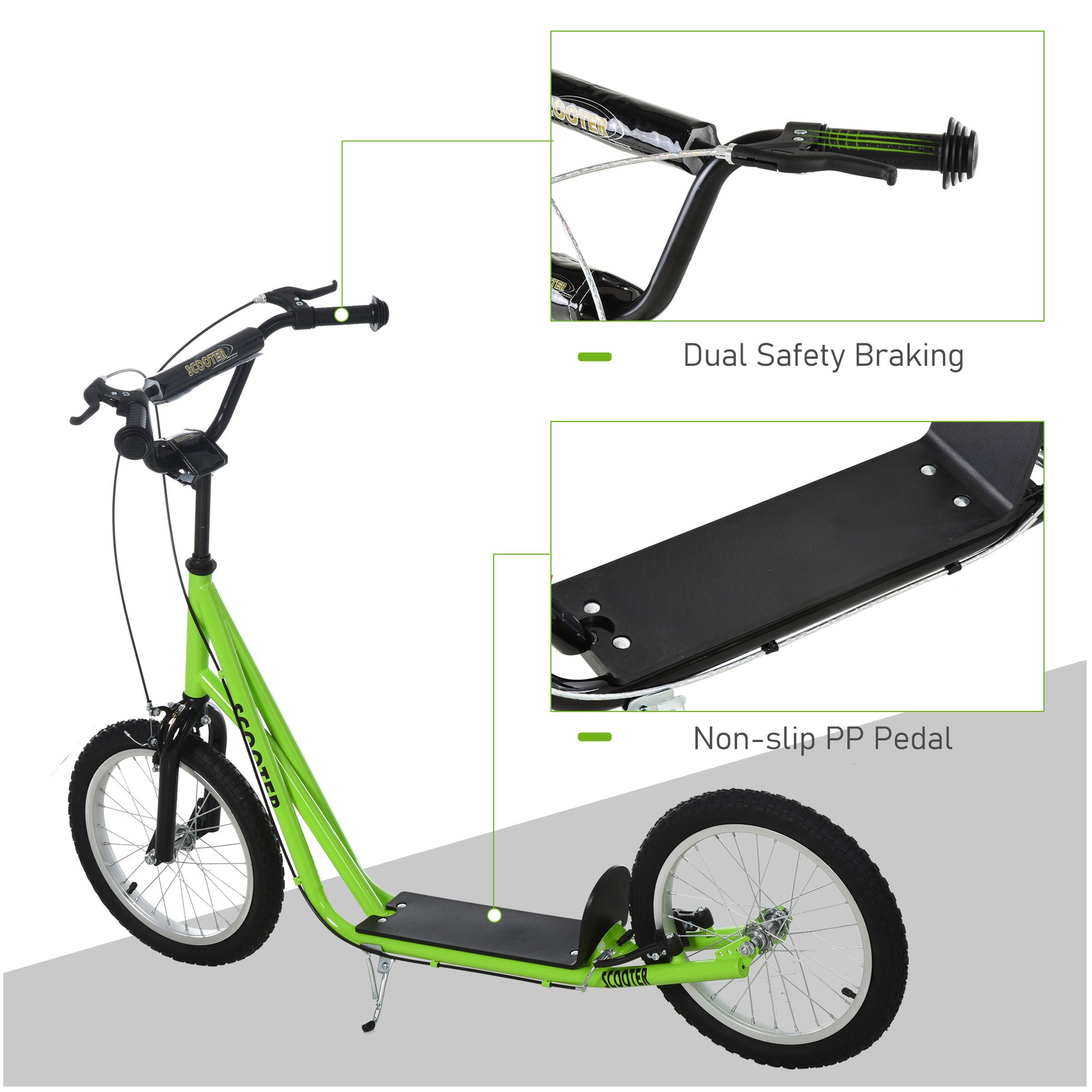 Aosom Youth Scooter Kick Scooter for Kids 5+ with Adjustable Handlebar 16" Front and Rear Dual Brakes Inflatable Wheels, Light Green - Mercantile Mountain