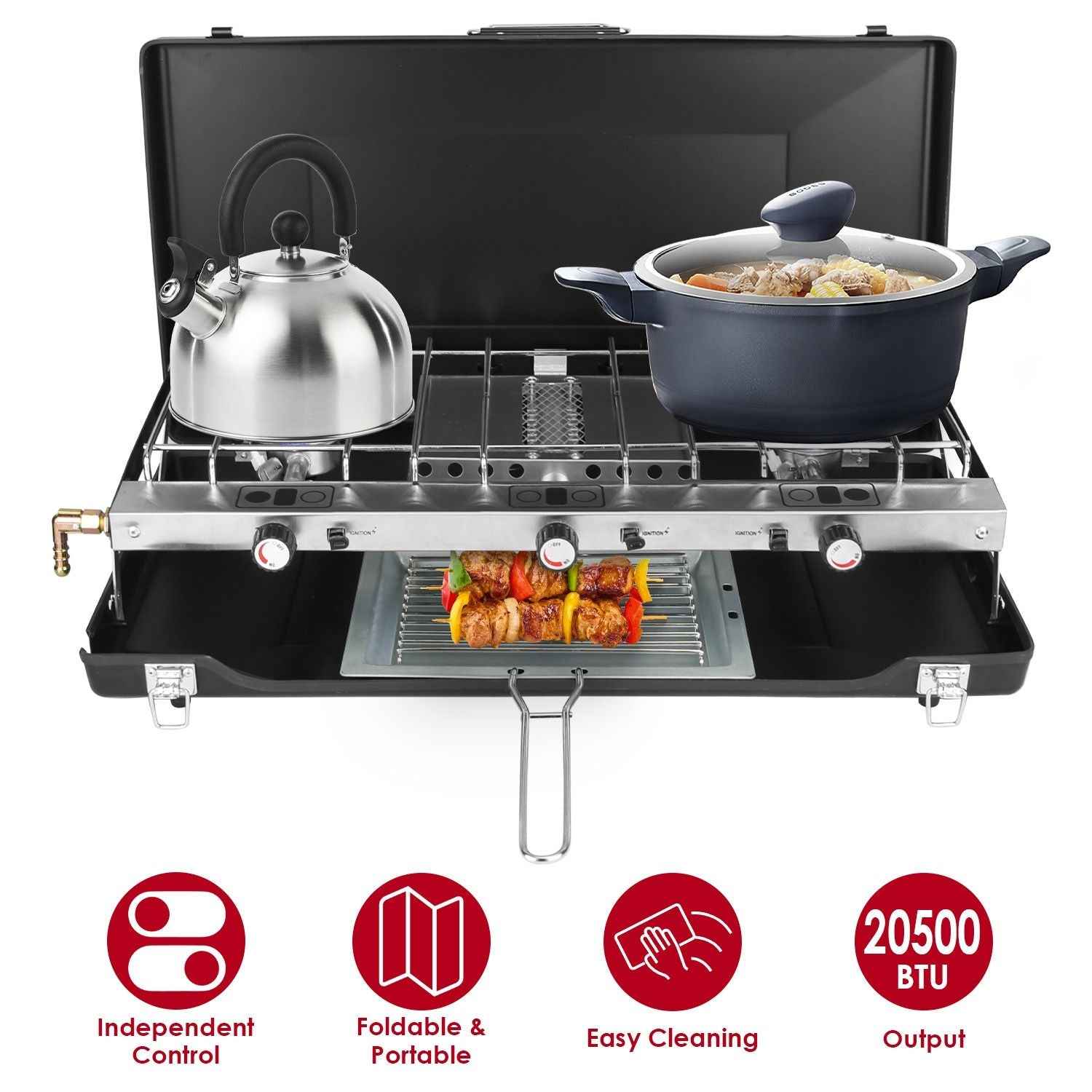 3 Burner Camping Stove 20000 BTU Portable Foldable Propane Stove With Toast Tray Windshield Portable Handle Outdoor Cooking Gas Stove For RV Camping BBQ Picnic Backyard