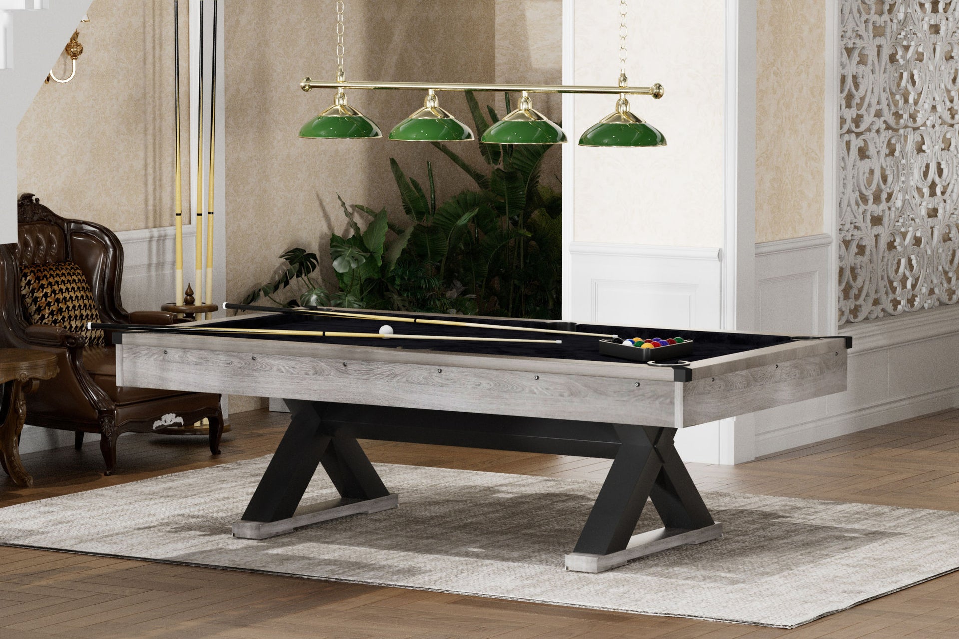 84" Pool Table with Billiard Balls, Cues, Pool Cue Chalk, Cleaning Brush, X-Legs, Black Cloth, Rustic Grey,84.1"L x 46.5"W x 32"H - Mercantile Mountain