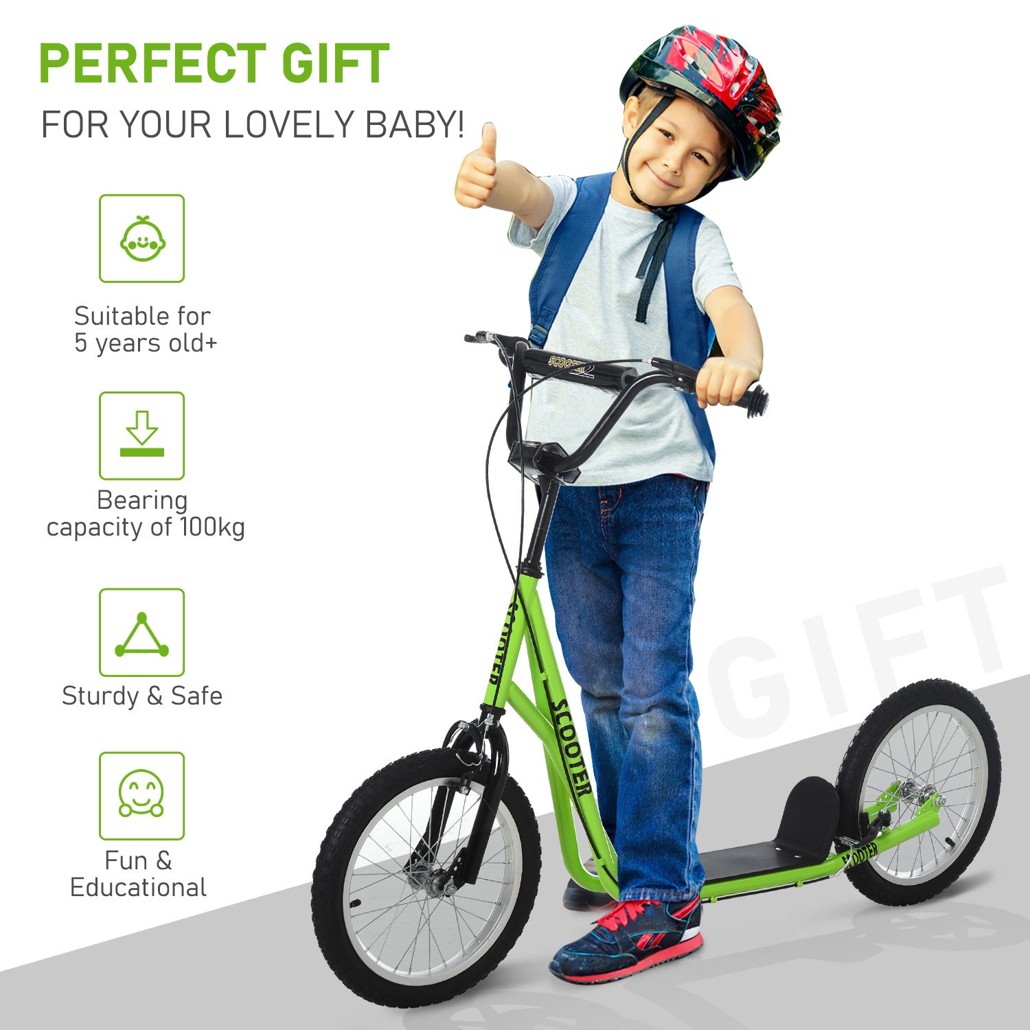 Aosom Youth Scooter Kick Scooter for Kids 5+ with Adjustable Handlebar 16" Front and Rear Dual Brakes Inflatable Wheels, Light Green - Mercantile Mountain