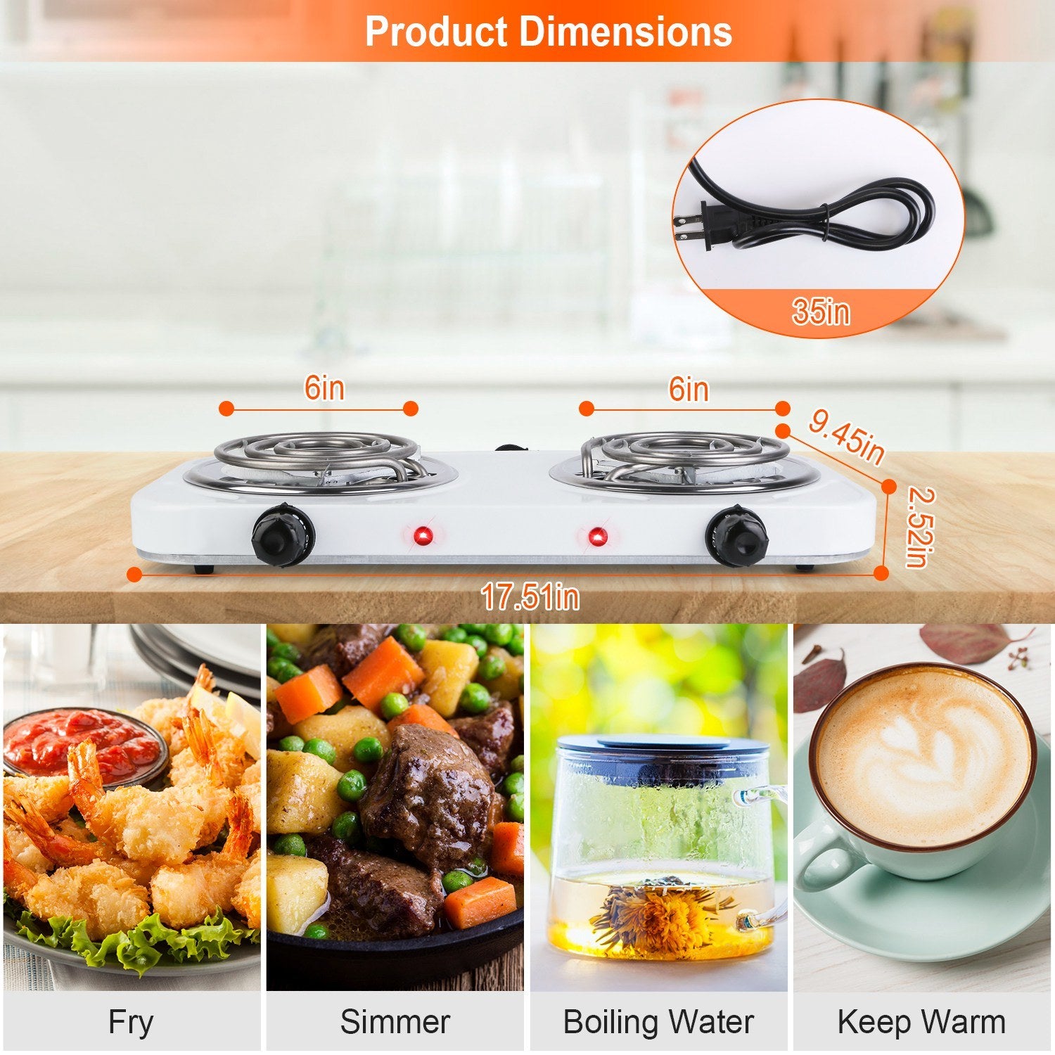 2000W Electric Double Burner Portable Coil Heating Hot Plate Stove Countertop RV Hotplate with Non Slip Rubber Feet 5 Temperature Adjustments - Mercantile Mountain