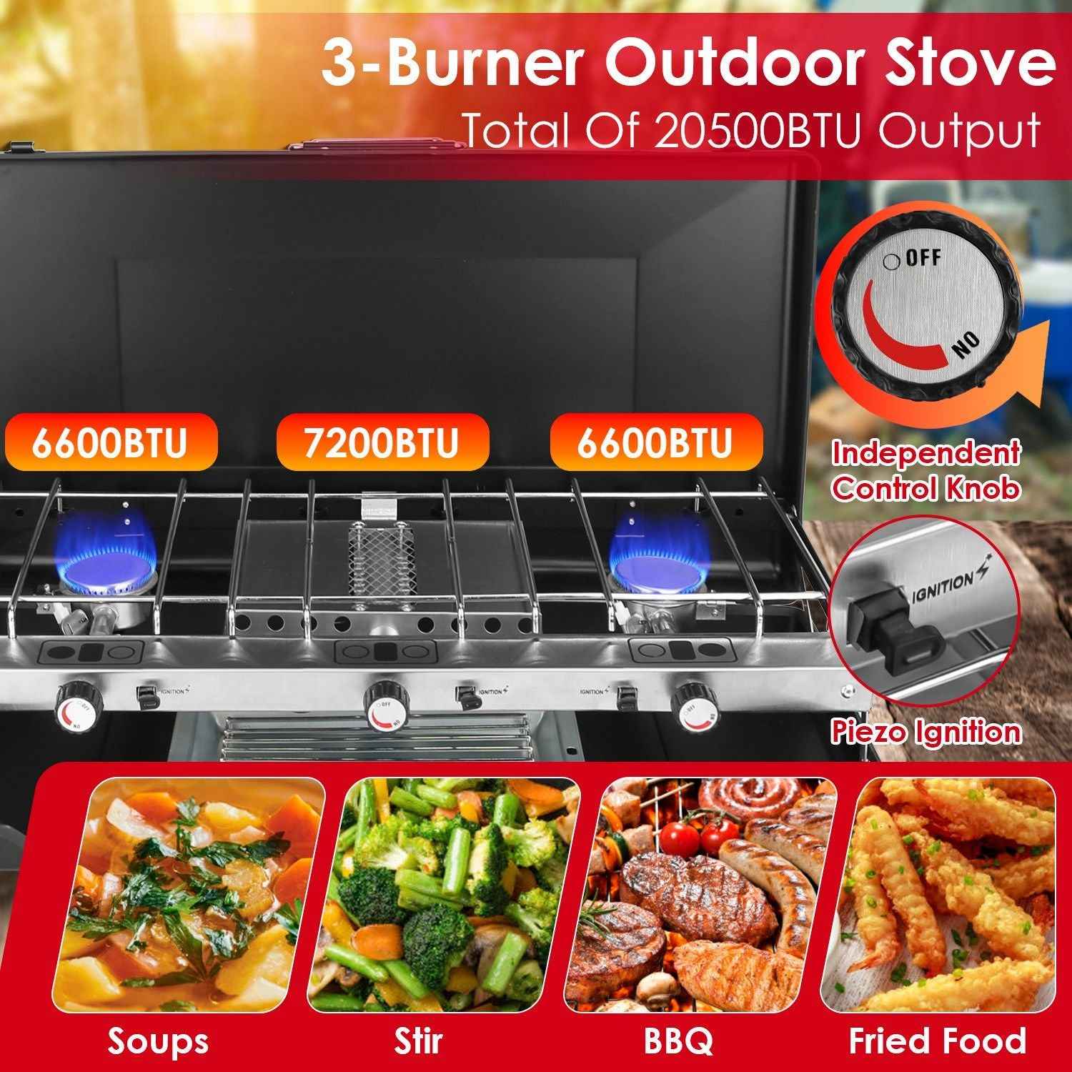 3 Burner Camping Stove 20000 BTU Portable Foldable Propane Stove With Toast Tray Windshield Portable Handle Outdoor Cooking Gas Stove For RV Camping BBQ Picnic Backyard