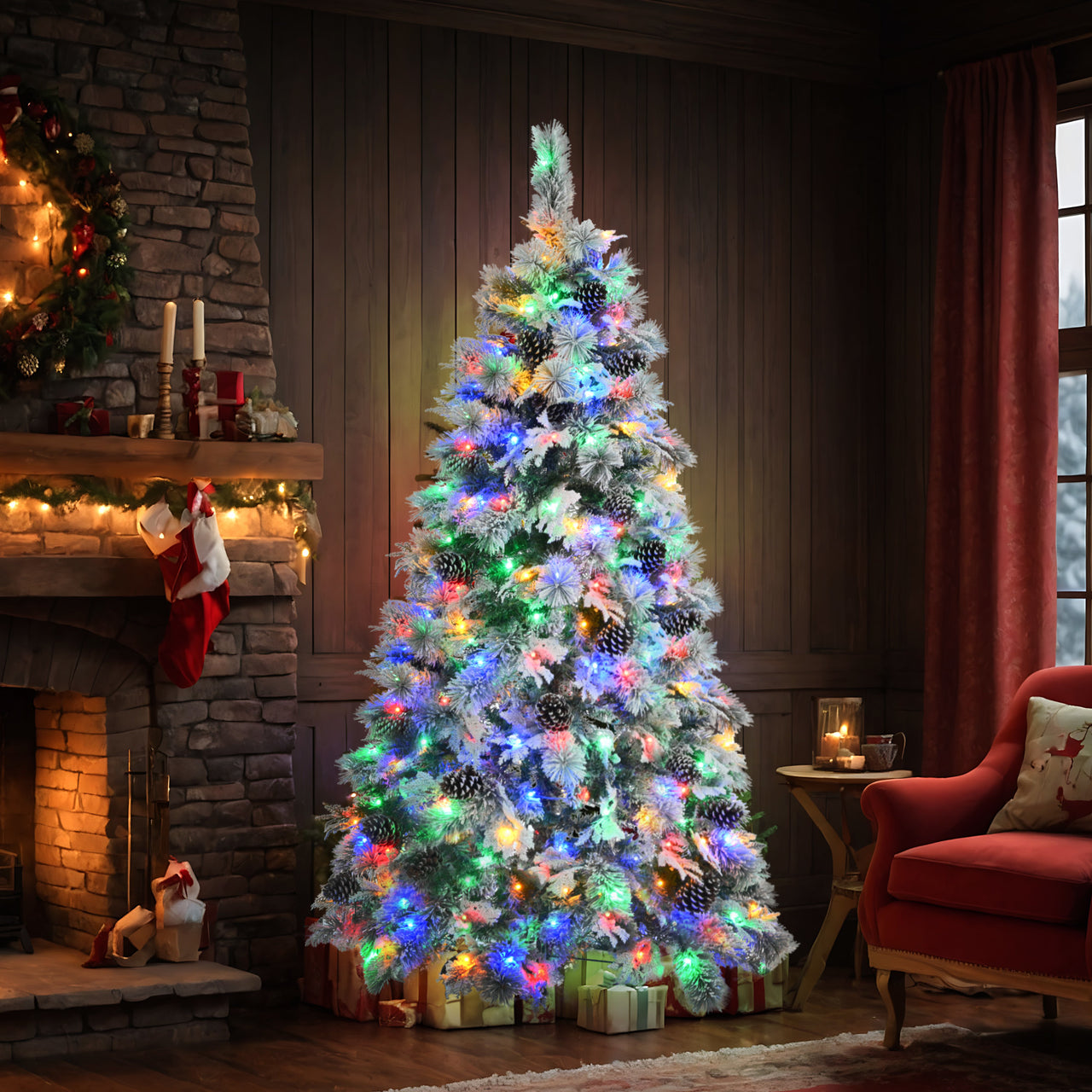 6FT Pre-Lit Spruce Snow Flocked Christmas Tree with Pine Cones, Artificial Xmas Tree with 403 Branch Tips,Mixed PE & PVC Branches, 250 Multi-Color LED Lights, 11 Flashing Modes, Holiday Décor - Mercantile Mountain