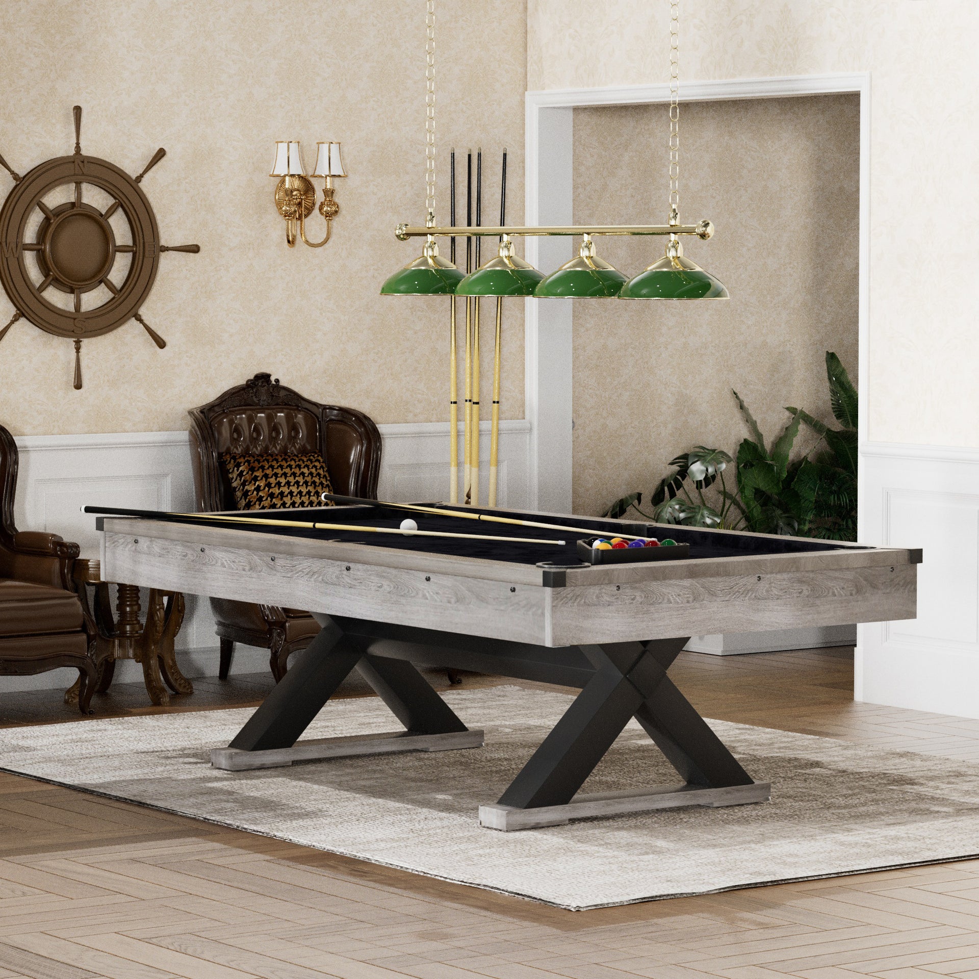 84" Pool Table with Billiard Balls, Cues, Pool Cue Chalk, Cleaning Brush, X-Legs, Black Cloth, Rustic Grey,84.1"L x 46.5"W x 32"H - Mercantile Mountain