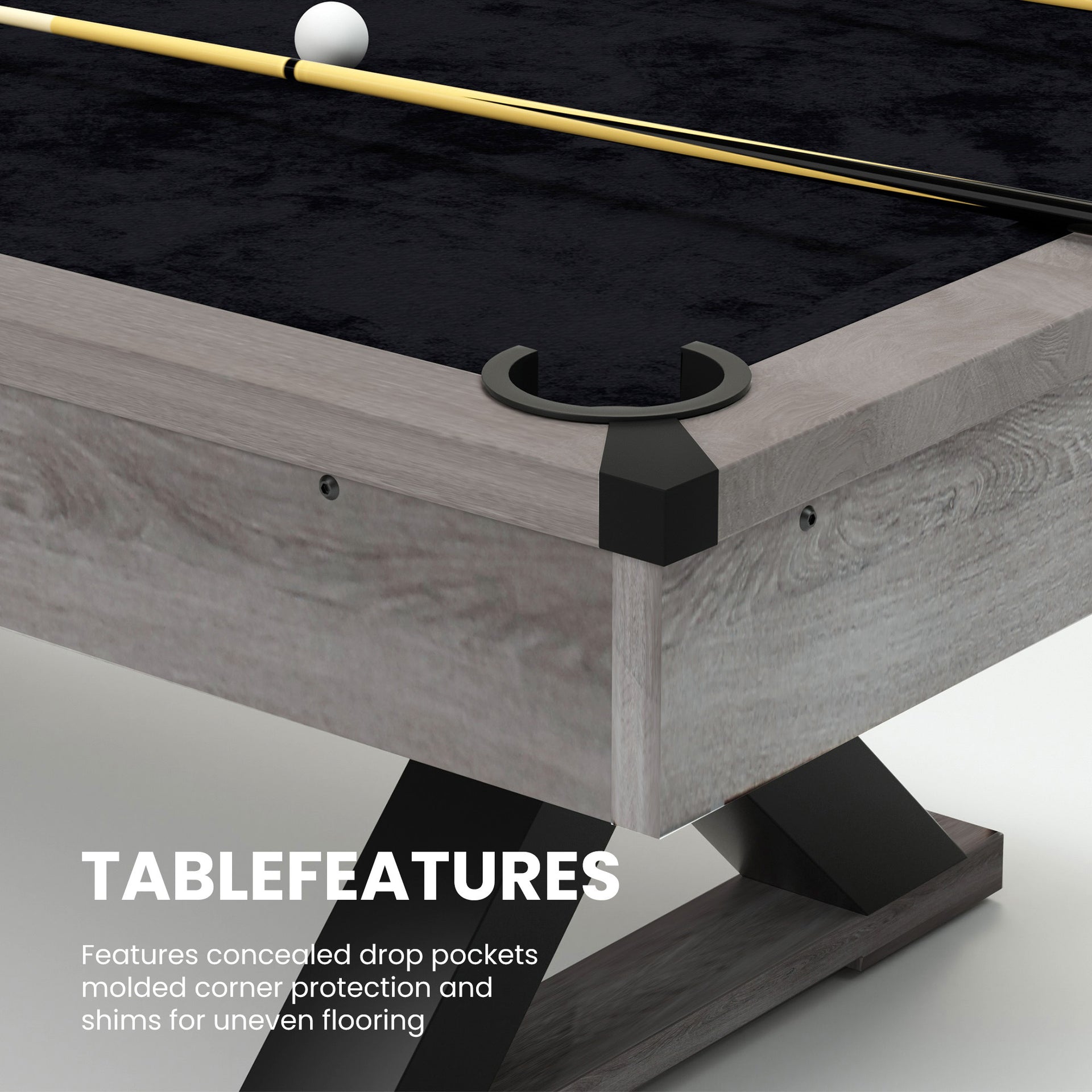 84" Pool Table with Billiard Balls, Cues, Pool Cue Chalk, Cleaning Brush, X-Legs, Black Cloth, Rustic Grey,84.1"L x 46.5"W x 32"H - Mercantile Mountain