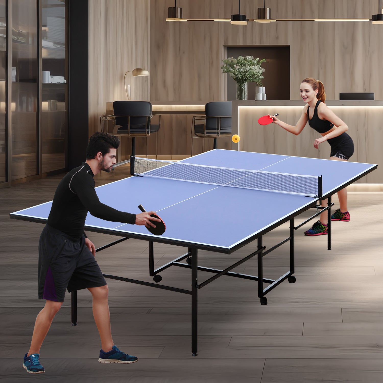 9ft Mid-Size Table Tennis Table Foldable & Portable Ping Pong Table Set for Indoor Games with Net, 2 Table Tennis Paddles and 3 Balls - Mercantile Mountain