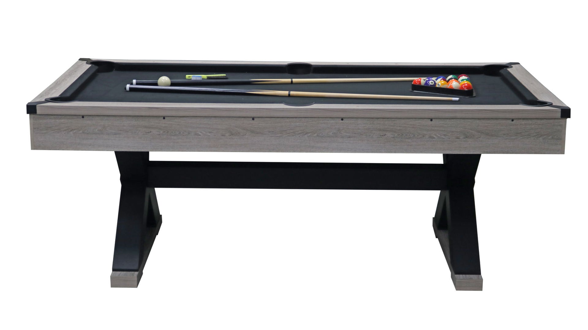 84" Pool Table with Billiard Balls, Cues, Pool Cue Chalk, Cleaning Brush, X-Legs, Black Cloth, Rustic Grey,84.1"L x 46.5"W x 32"H - Mercantile Mountain