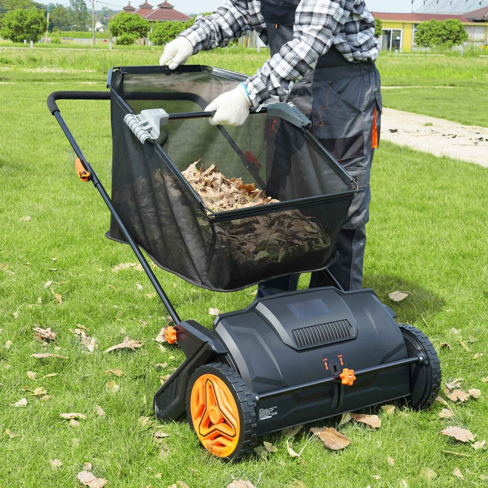 Push Lawn Sweeper, 21inch Leaf & Grass Collector, Strong Plastic Wheels & Heavy Duty Thickened Steel Durable to Use with Large Capacity 3.5 cu. ft. Mesh Collection Hopper Bag, 2 Spinning Brushes