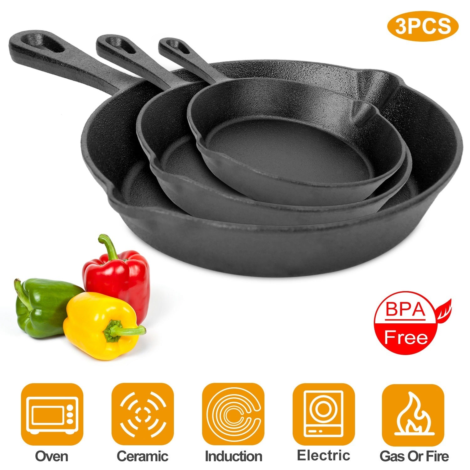 3Pcs Pre-Seasoned Cast Iron Skillet Set 6/8/10in Non-Stick Oven Safe Cookware Heat-Resistant Frying Pan - Mercantile Mountain
