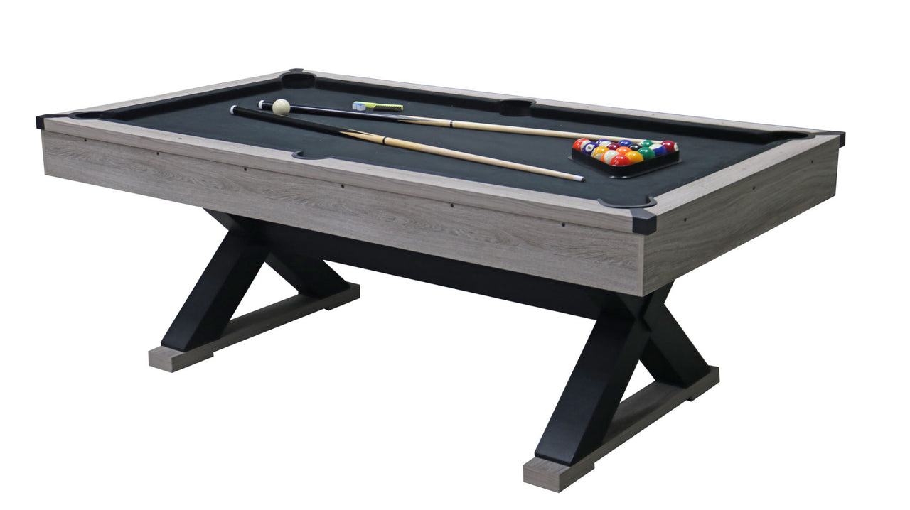 84" Pool Table with Billiard Balls, Cues, Pool Cue Chalk, Cleaning Brush, X-Legs, Black Cloth, Rustic Grey,84.1"L x 46.5"W x 32"H - Mercantile Mountain