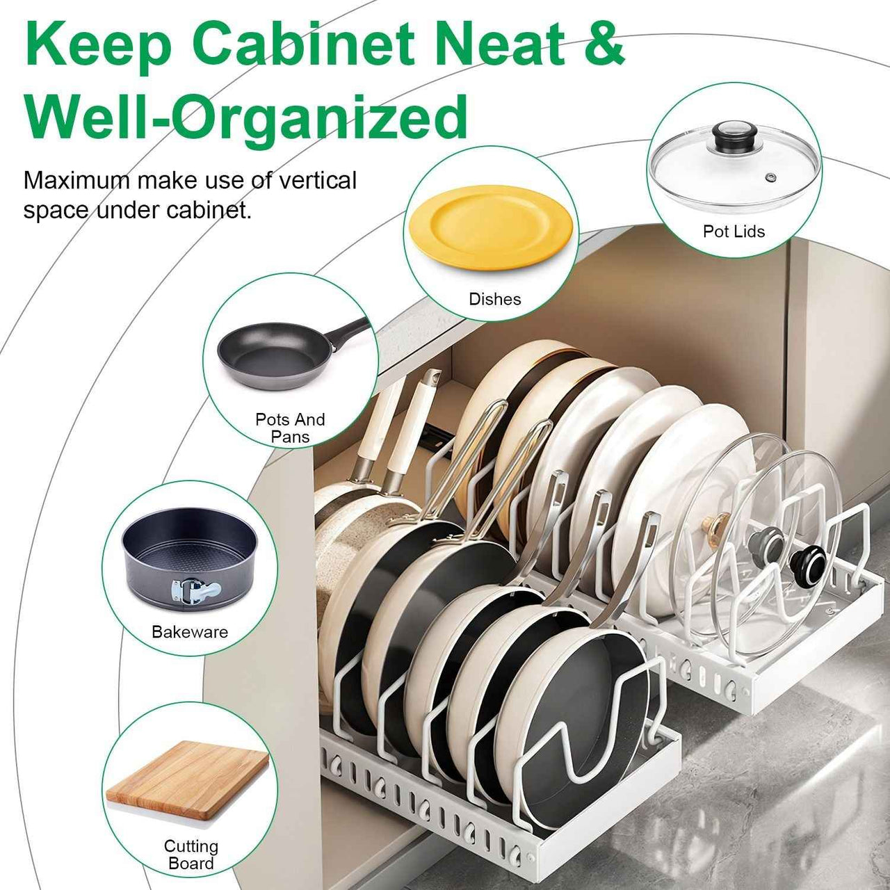 White Sliding Cookware Organizer – Adjustable Pull-Out Cabinet Storage Rack