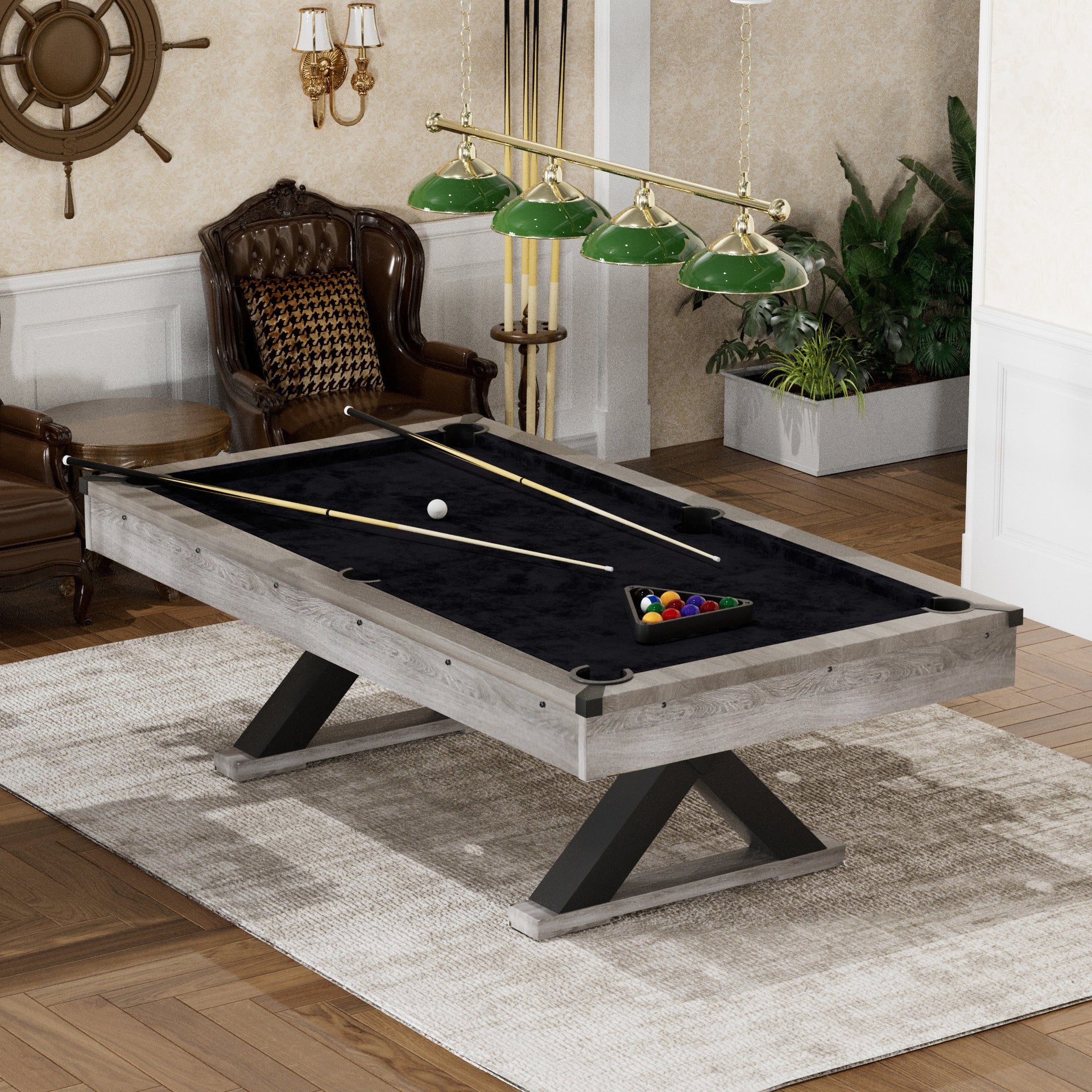 84" Pool Table with Billiard Balls, Cues, Pool Cue Chalk, Cleaning Brush, X-Legs, Black Cloth, Rustic Grey,84.1"L x 46.5"W x 32"H - Mercantile Mountain