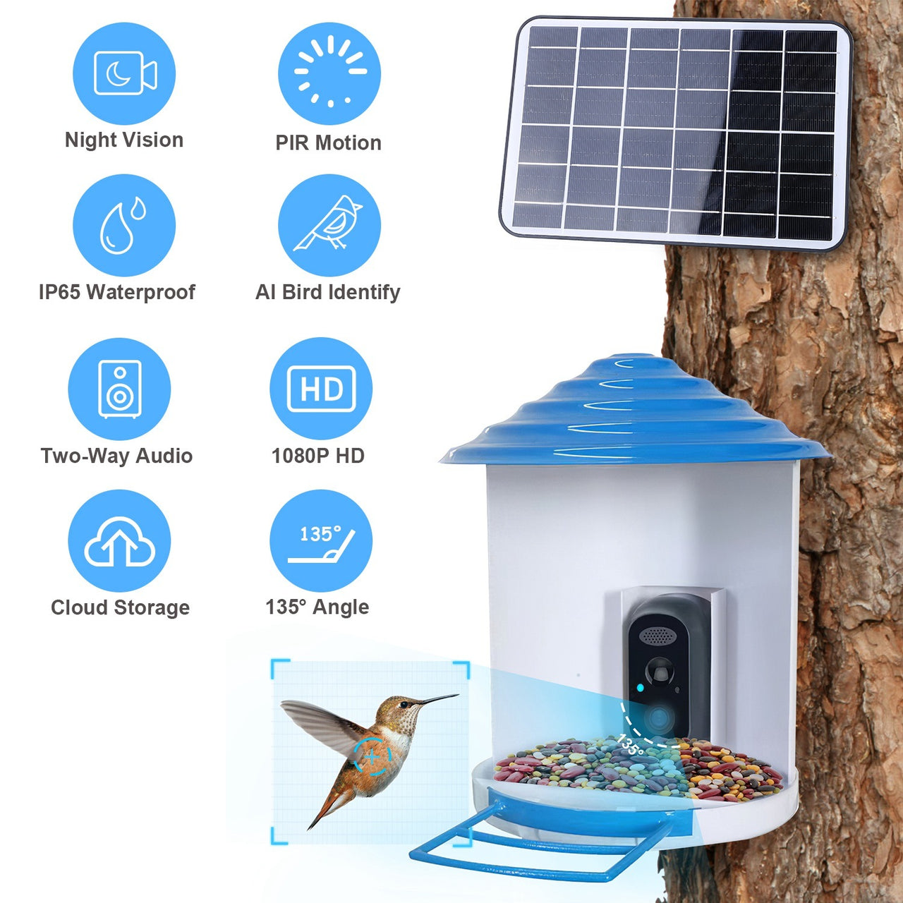 Smart Bird Feeder with Solar Powered Camera 1080P HD AI Identify PIR Motion Auto Capture Video Cloud Card Storage WiFi Connection App Control IP65 Waterproof - Mercantile Mountain