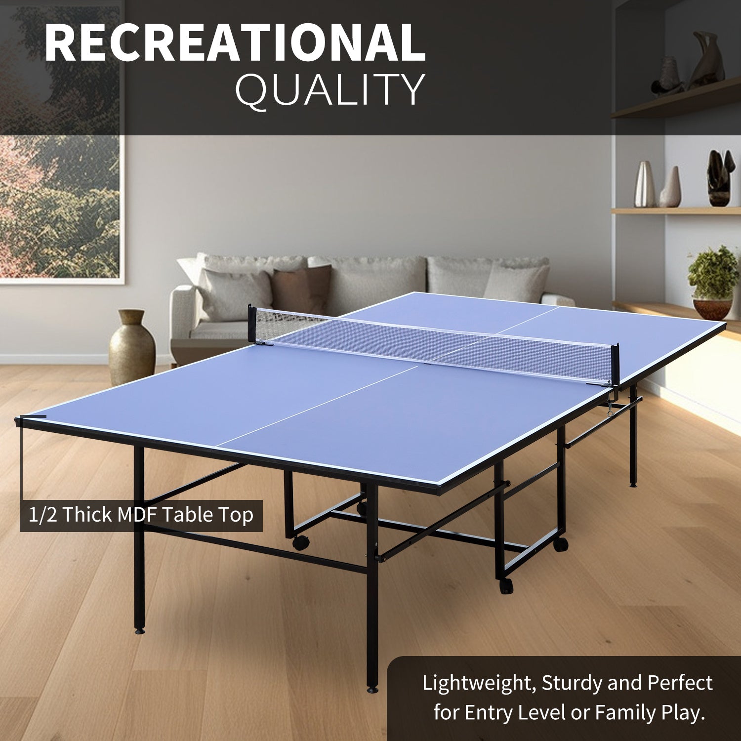 9ft Mid-Size Table Tennis Table Foldable & Portable Ping Pong Table Set for Indoor Games with Net, 2 Table Tennis Paddles and 3 Balls - Mercantile Mountain