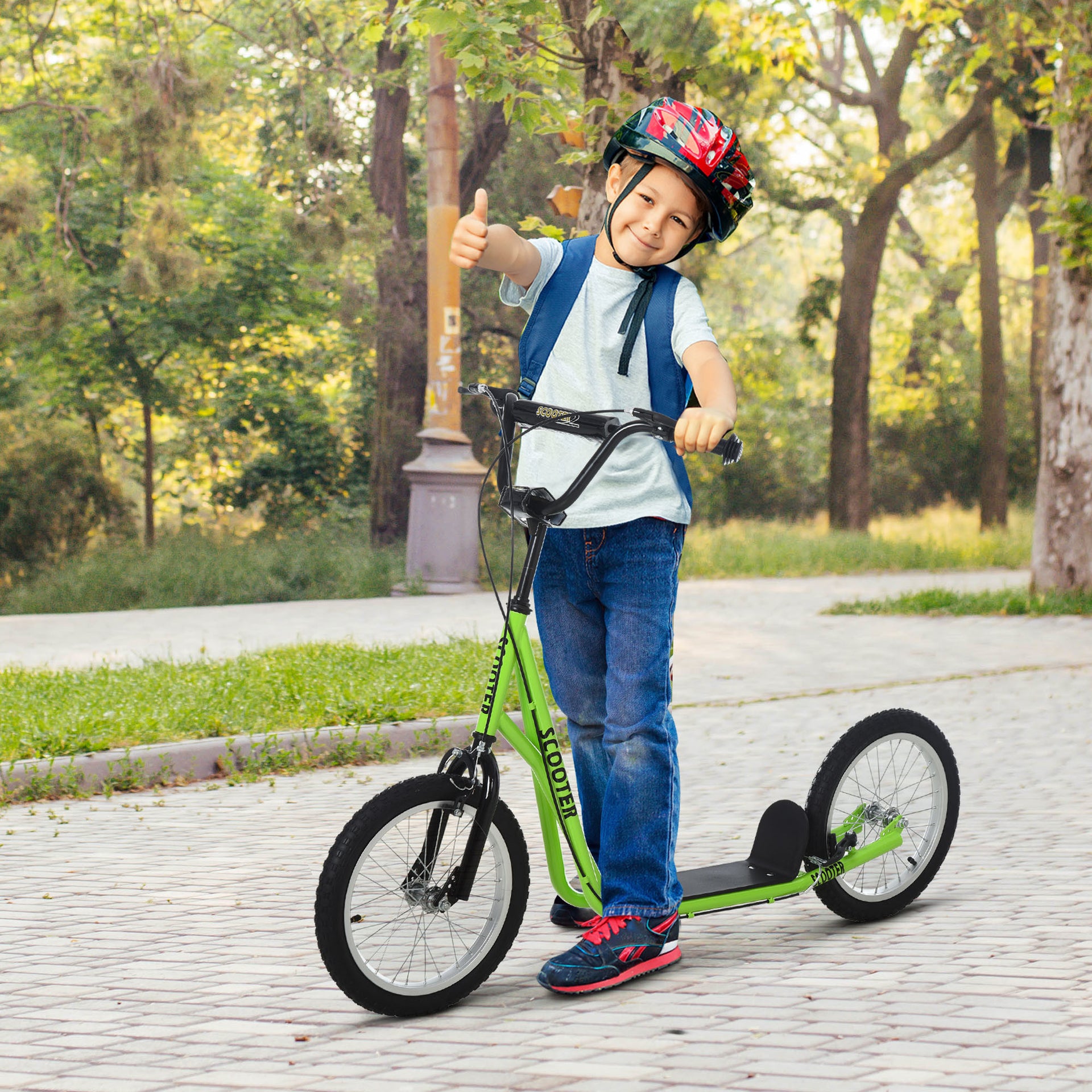 Aosom Youth Scooter Kick Scooter for Kids 5+ with Adjustable Handlebar 16" Front and Rear Dual Brakes Inflatable Wheels, Light Green - Mercantile Mountain
