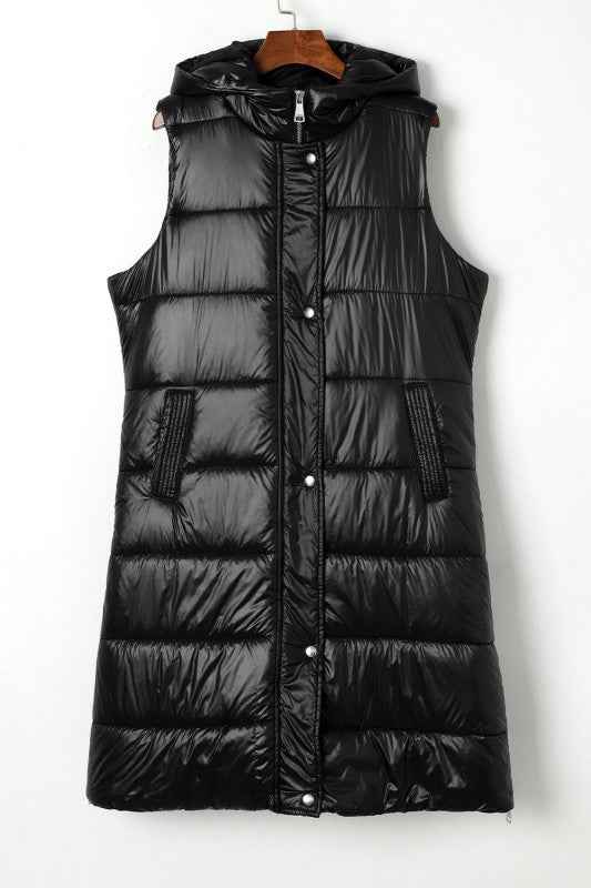 Solid Quilted Long Hooded Vest Coat