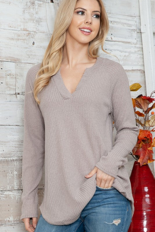 Plus Solid Ribbed Long Sleeve V Neck Top - Mercantile Mountain
