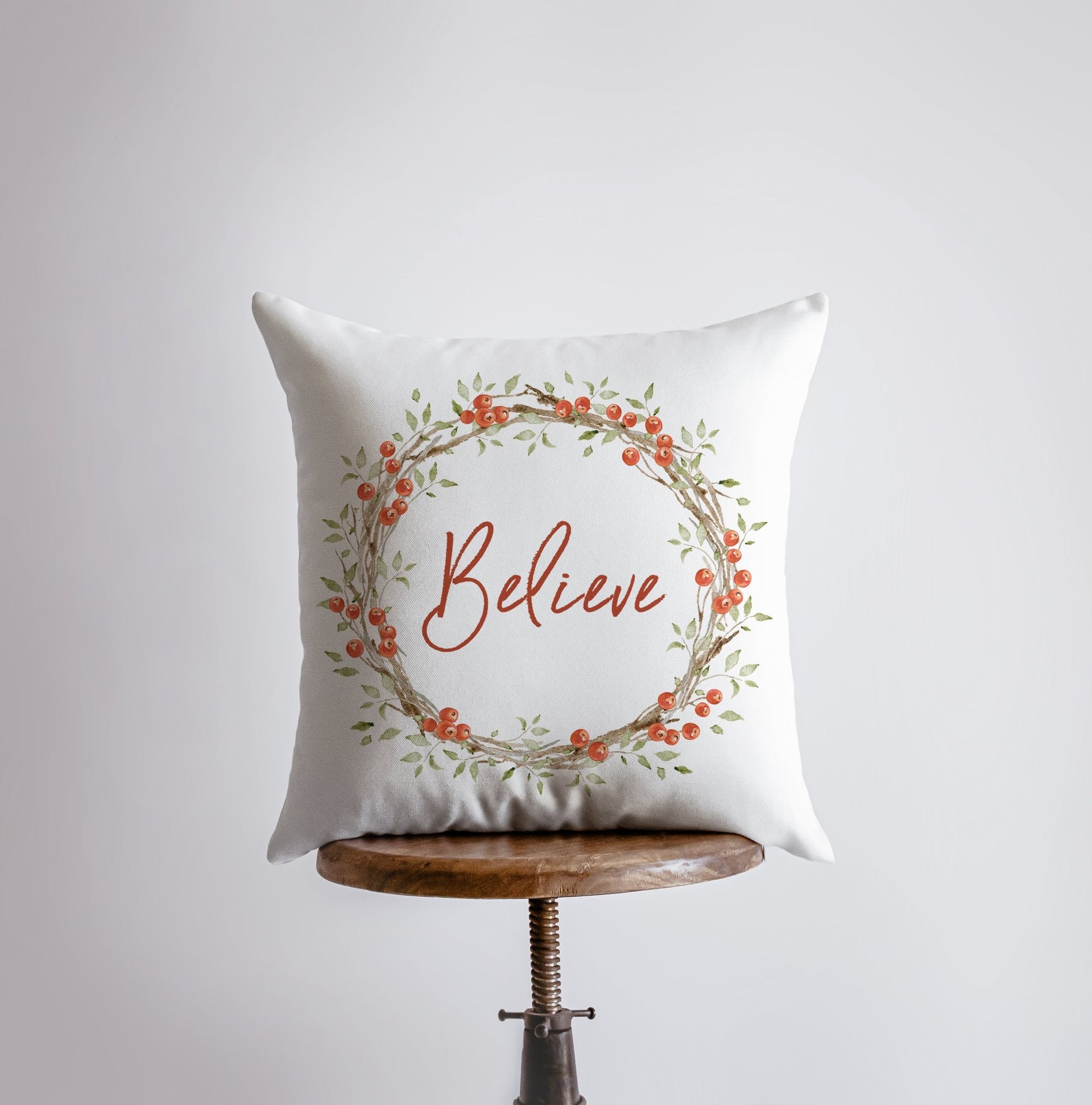Believe with Berry Wreath Christmas Throw Pillow | Room Decor | Home - Mercantile Mountain