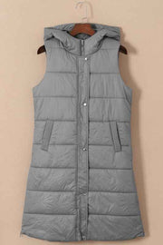 Solid Quilted Long Hooded Vest Coat
