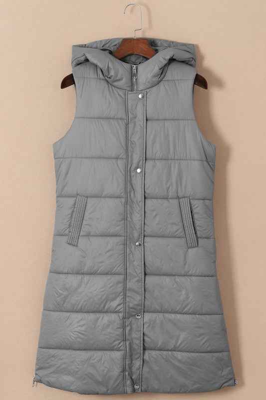 Solid Quilted Long Hooded Vest Coat