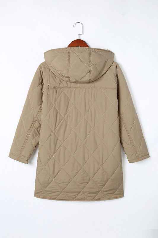 Solid Quilted Snap Button Hooded Puffer Coat