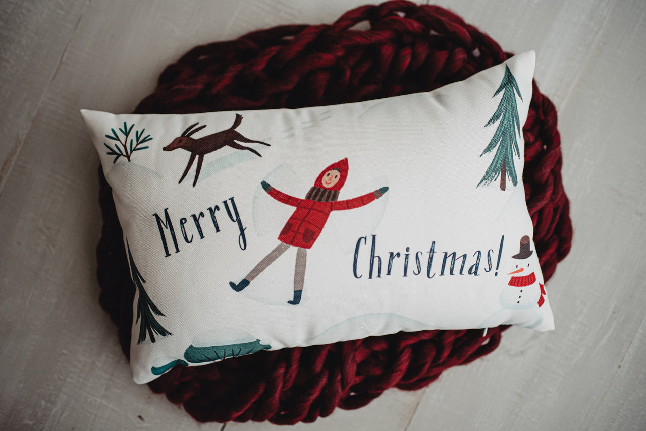 Merry Christmas Snow Angel Throw Pillow Cover | 18x12 | Christmas tree - Mercantile Mountain