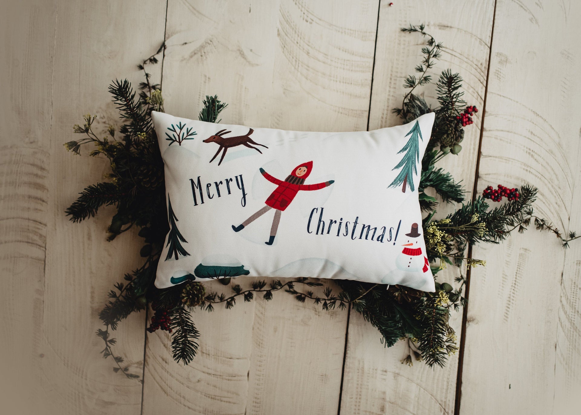 Merry Christmas Snow Angel Throw Pillow Cover | 18x12 | Christmas tree - Mercantile Mountain
