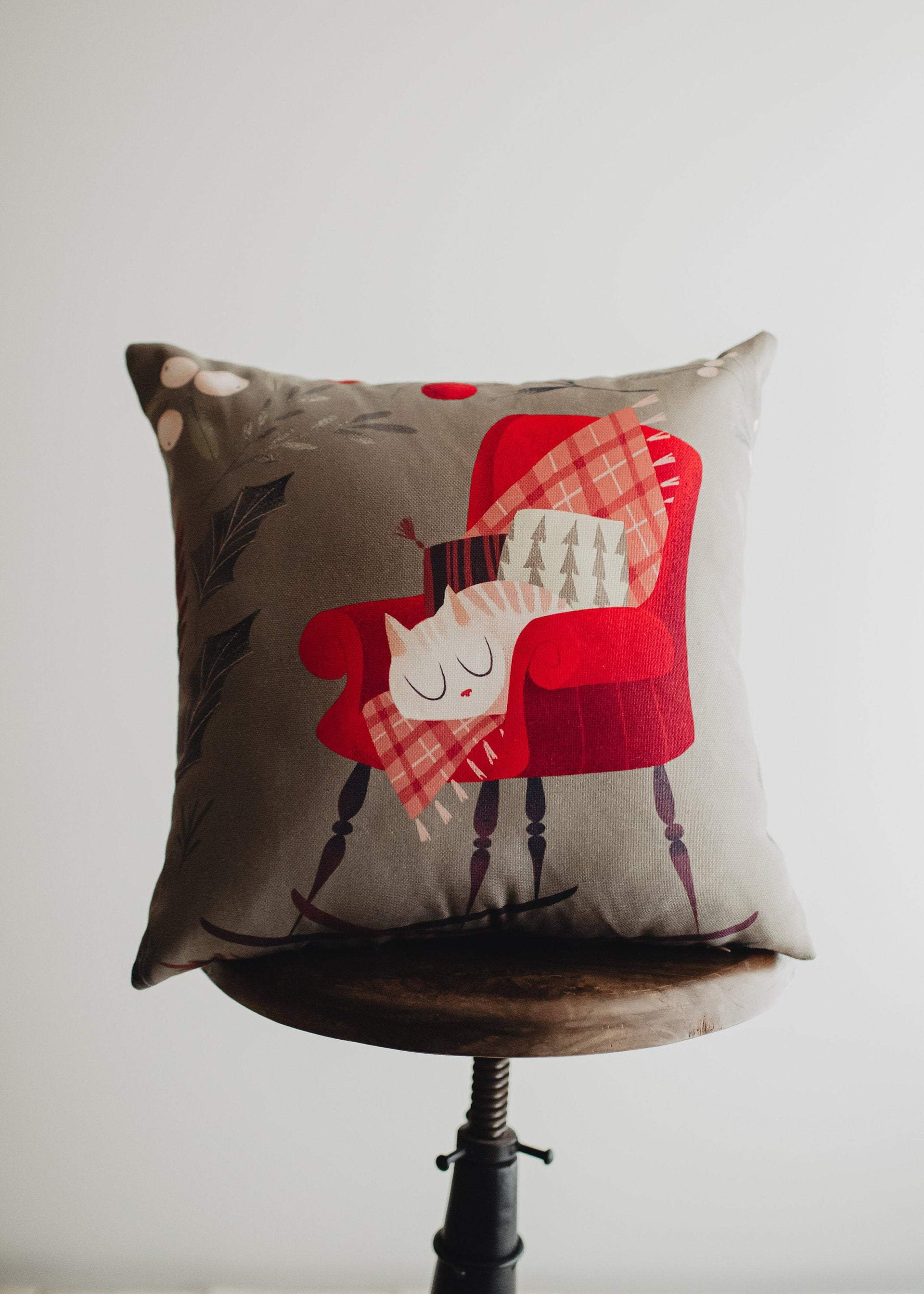 Christmas Kitty on Chair | Throw Pillow | Cute Home Decor | Christmas - Mercantile Mountain