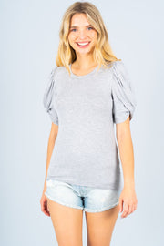 Solid Short Sleeve Knit Top with Scrunched Sleeves - Mercantile Mountain