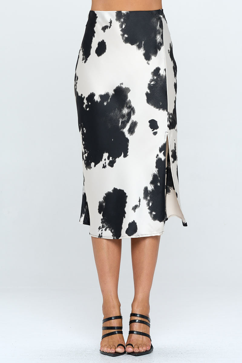 Satin Cow Print Midi Skirt with Slit - Mercantile Mountain