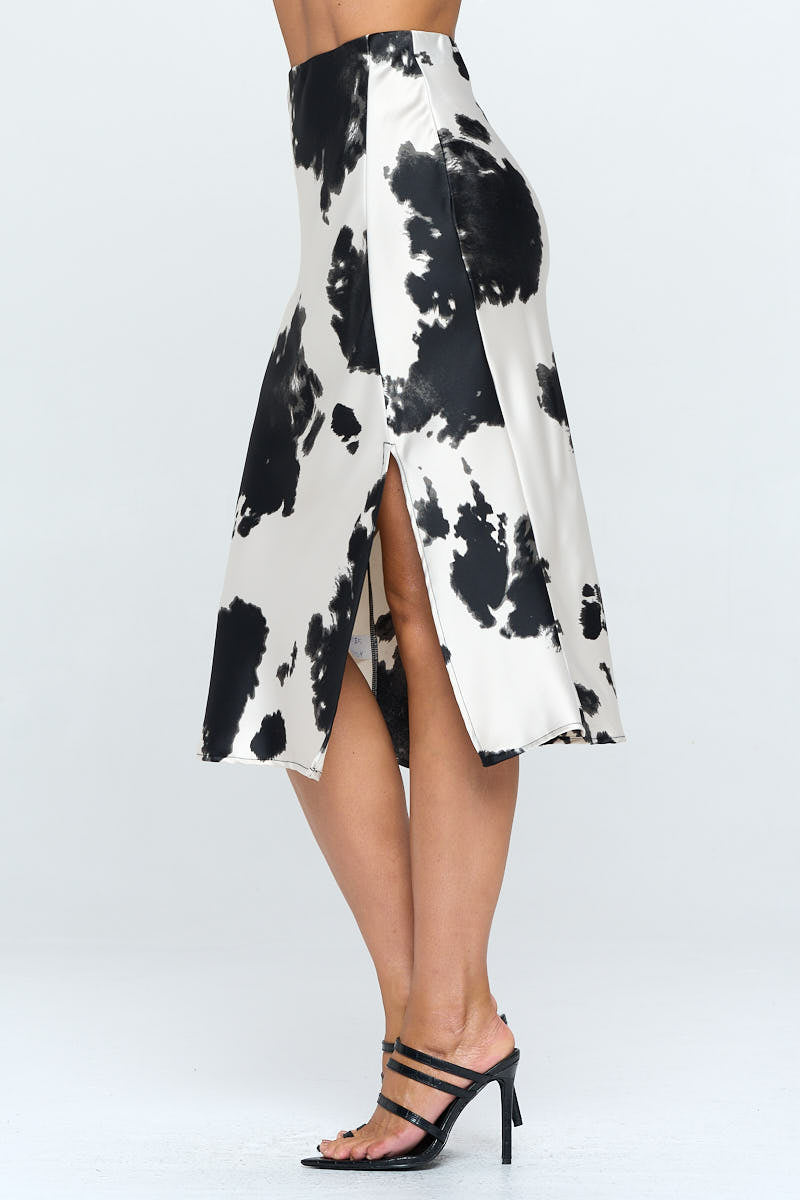 Satin Cow Print Midi Skirt with Slit - Mercantile Mountain