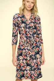 Floral Print V neck Jersey Wrap Dress with Tie - Mercantile Mountain