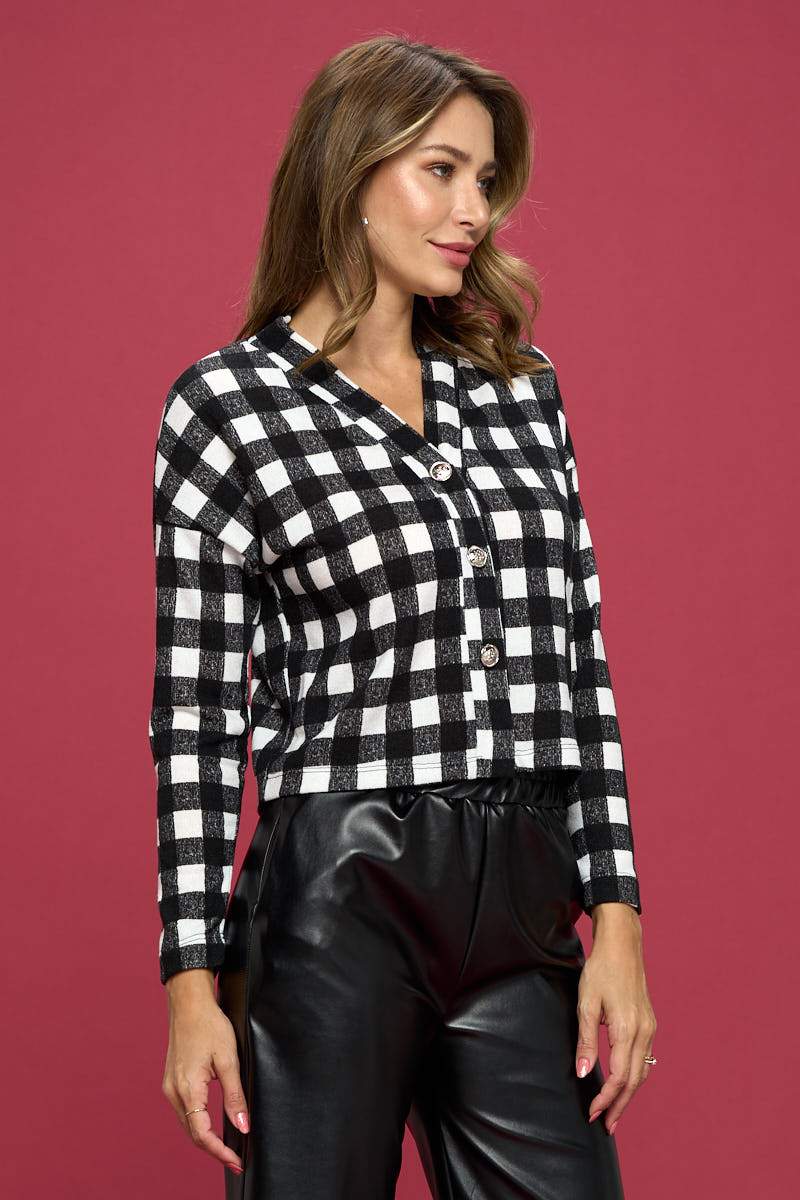 Checkered Knit Flowy Top with Buttons - Mercantile Mountain