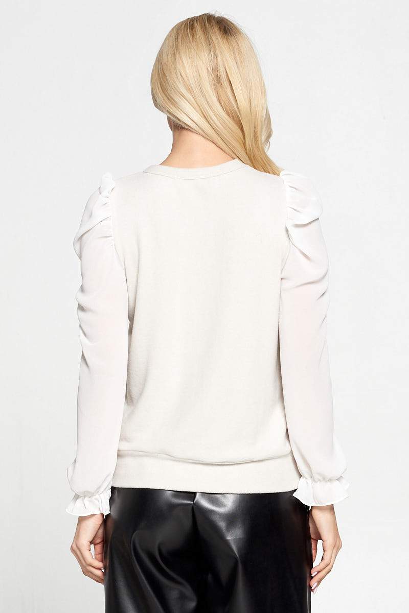 Solid Sheer Puff Sleeve Top with Ruffle Cuff - Mercantile Mountain