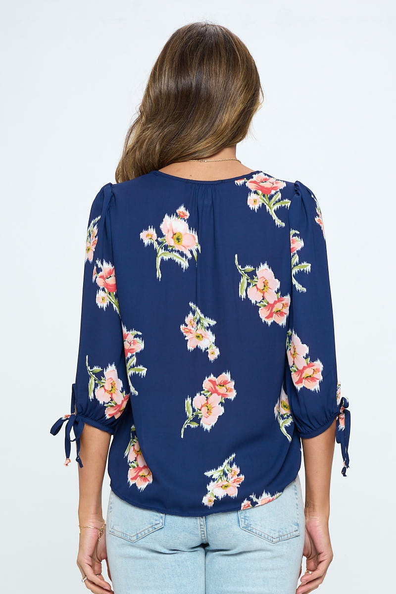 Floral Print Top with Self Tie Sleeves - Mercantile Mountain