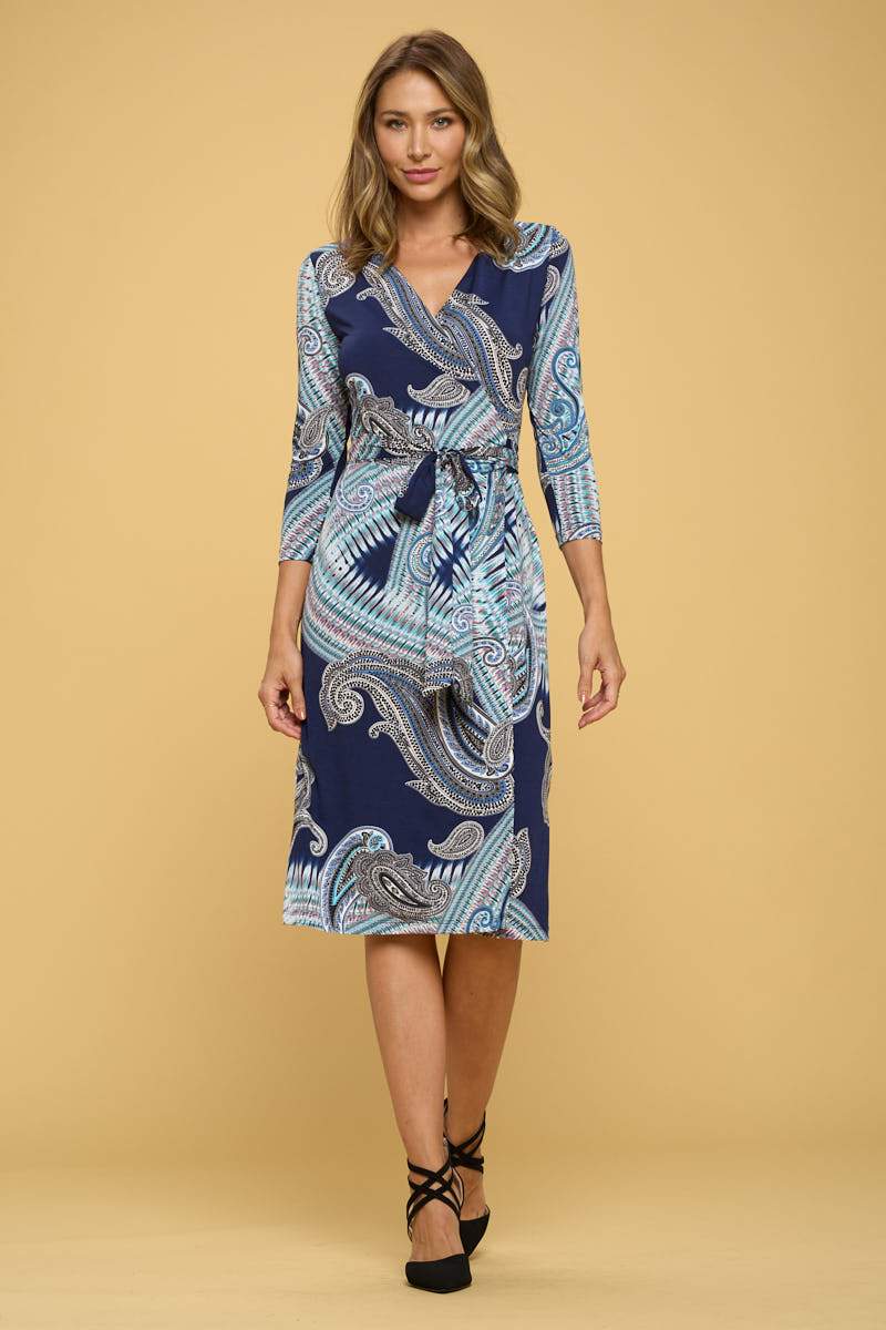Print V neck Jersey Wrap Dress with Tie - Mercantile Mountain