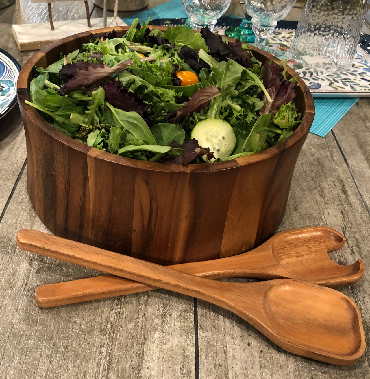 X-Large Acacia Wood Salad Bowl with Servers   12" x 5" - Mercantile Mountain